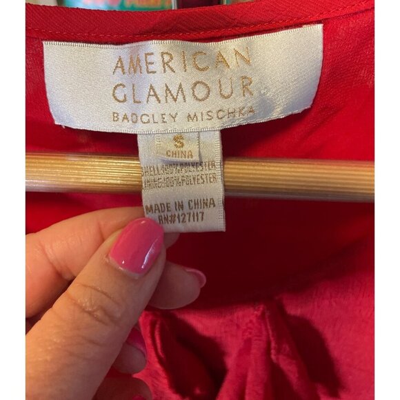 American Glamour Badgley Mischka Red Romantic Ruffle Puff Sleeve Top Sz S - Picture 6 of 8